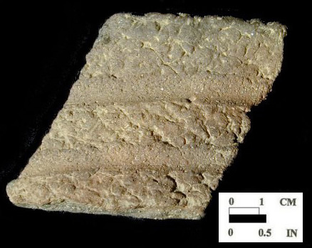 Popes Creek rim sherd with finger-smoothed horizontal lines from Chapel Point site 18CH79/1.001.